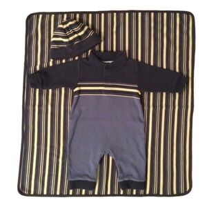 Vintage 3-piece Romper, Blanket 25” x 28” & Hat Matching Set Baby Boy
